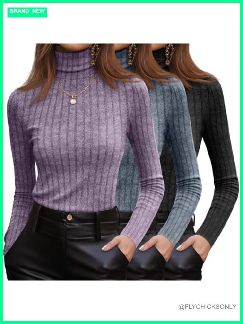 3 Pack Women's Turtleneck Long Sleeve Ribbed Knit Sweater Pullover Slim Fit